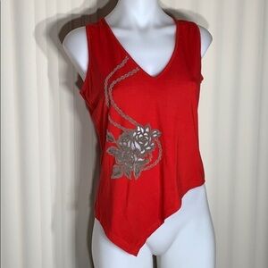 Essendi Sleeveles Velvet Floral Cut Out red sleeveless tank top shirt small